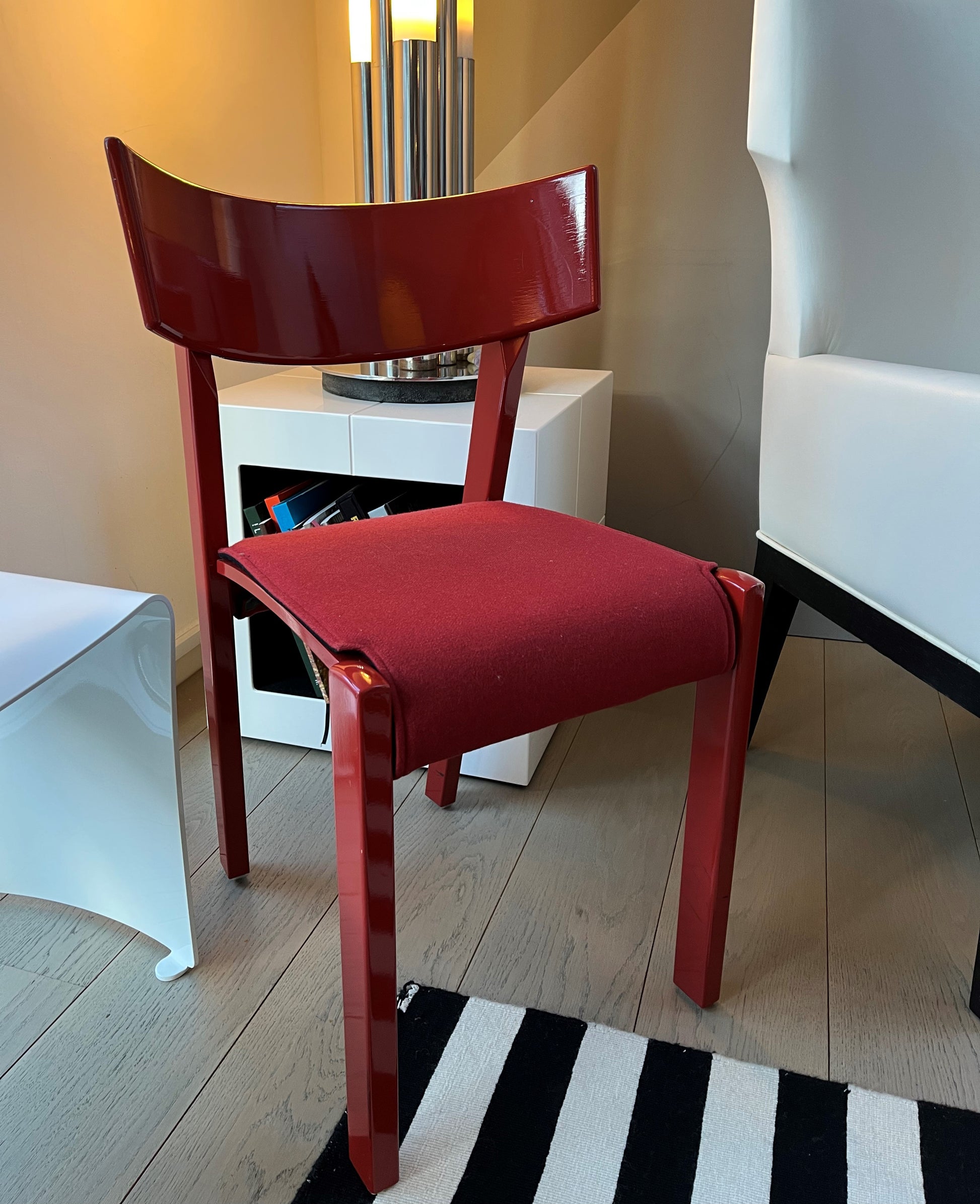 Vintage Red Lacquered Felt Fabric Chairs | Mid-Century Retro Design | Seating for Home & Office Use - Preloved By Kelly