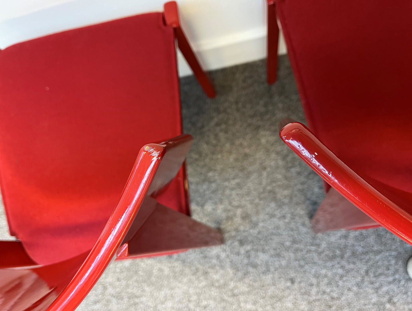 Vintage Red Lacquered Felt Fabric Chairs | Mid-Century Retro Design | Seating for Home & Office Use - Preloved By Kelly